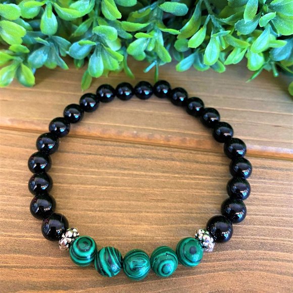 New Mens Black Agate ++  & Malachite Bracelet - Picture 2 of 3